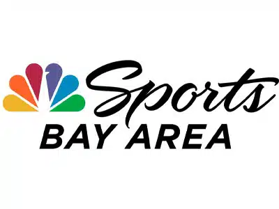 The logo for NBC Sports Bay Area features the text 'Sports' in a stylized script next to a colorful NBC peacock emblem. The peacock is rendered in blue, green, and pink, sitting above the word 'Bay Area' in bold black letters.