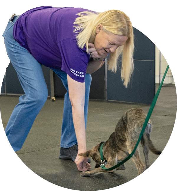 A woman in a purple shirt and jeans bends down to pet a small dog on a leash indoors, with a dark floor and wall panels in the background.