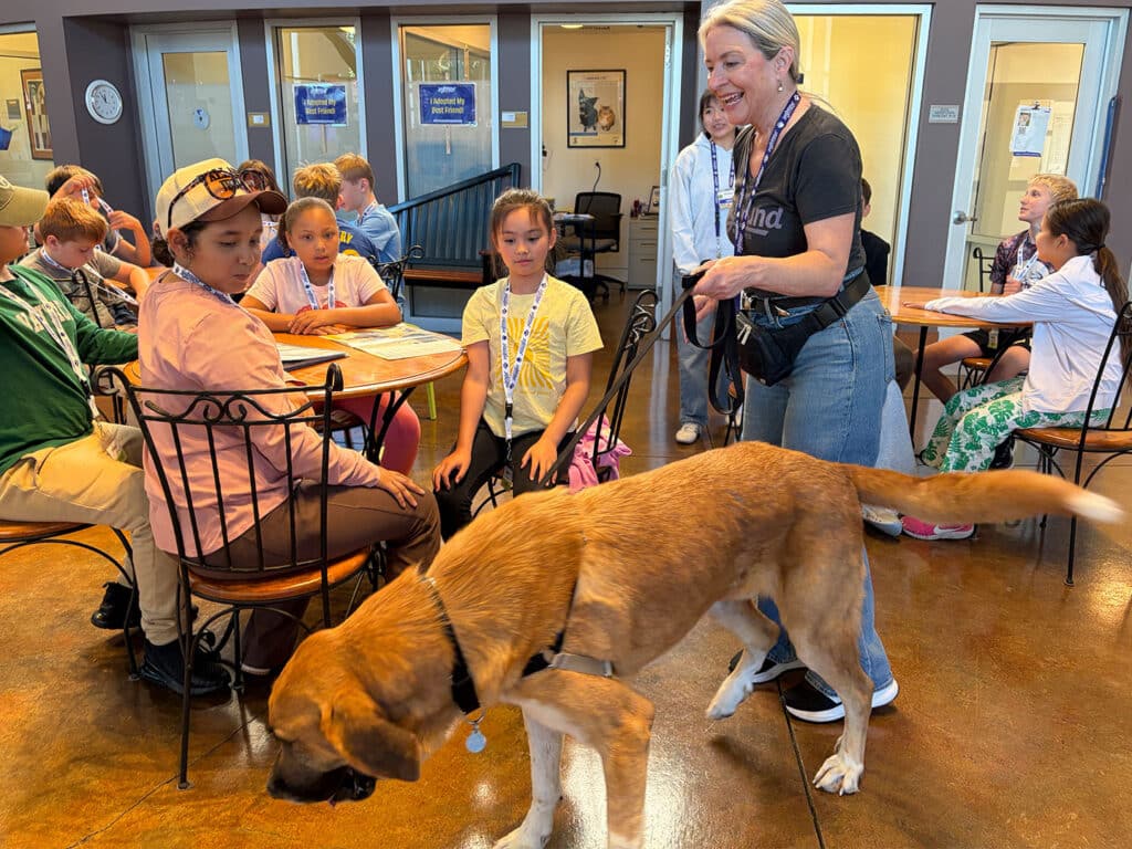 A woman holds a leash beside a tan dog in a camp room where children sit at tables with worksheets and lanyards.