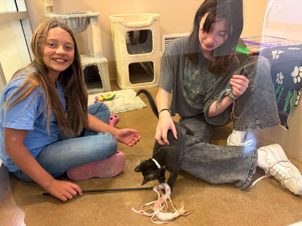 Two girls sit on the floor of a cat adoption room, petting a black-and-white kitten beside cat trees and toys.