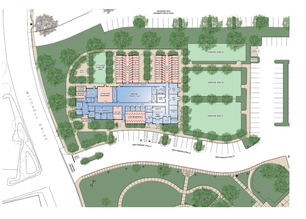 A site plan illustration for the Joybound Strategic Plan showing the Liberty Center layout with a central building, green landscaped areas, parking spaces, and surrounding walkways.