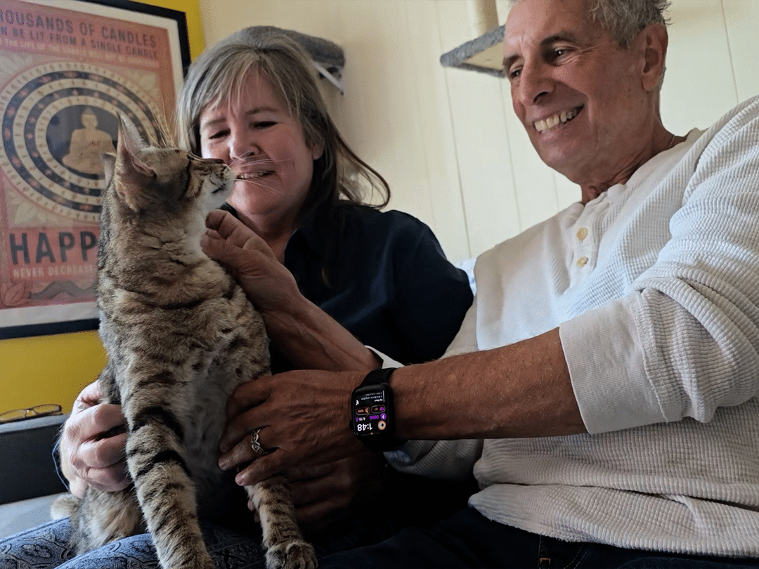 A tabby cat stands between a woman and a smiling man seated on a couch, with framed wall art and a yellow wall in the background.