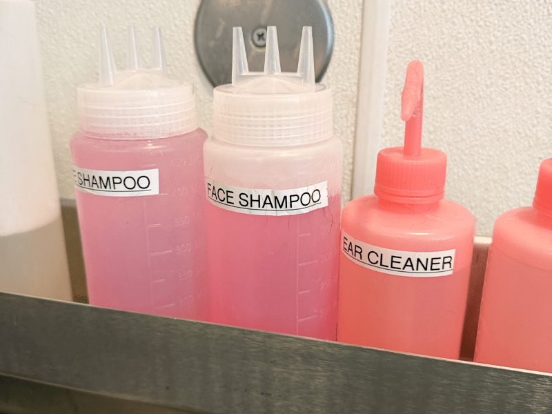 Two pink shampoo bottles labeled SHAMPOO and FACE SHAMPOO stand beside a coral ear cleaner bottle on a shelf, with a mirror in the background.
