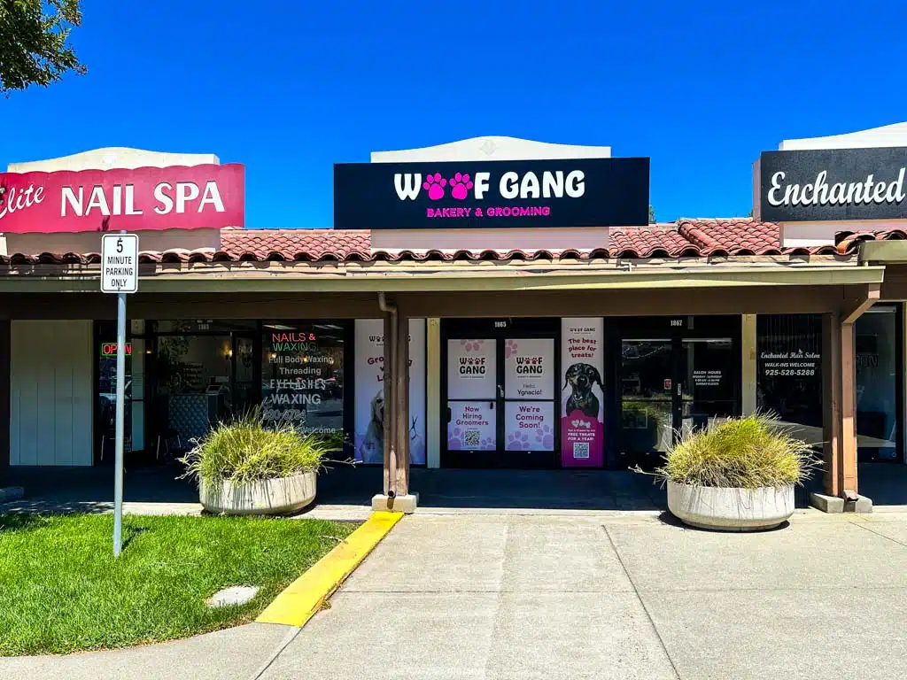 A storefront complex with signs for Elite Nail Spa, Woof Gang Bakery & Grooming, and Enchanted, shown under a bright blue sky with a concrete walkway and planters in front.
