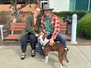 A woman and a man sit on a bench with a brown-and-white dog on a leash in front of a building and shrubs.
