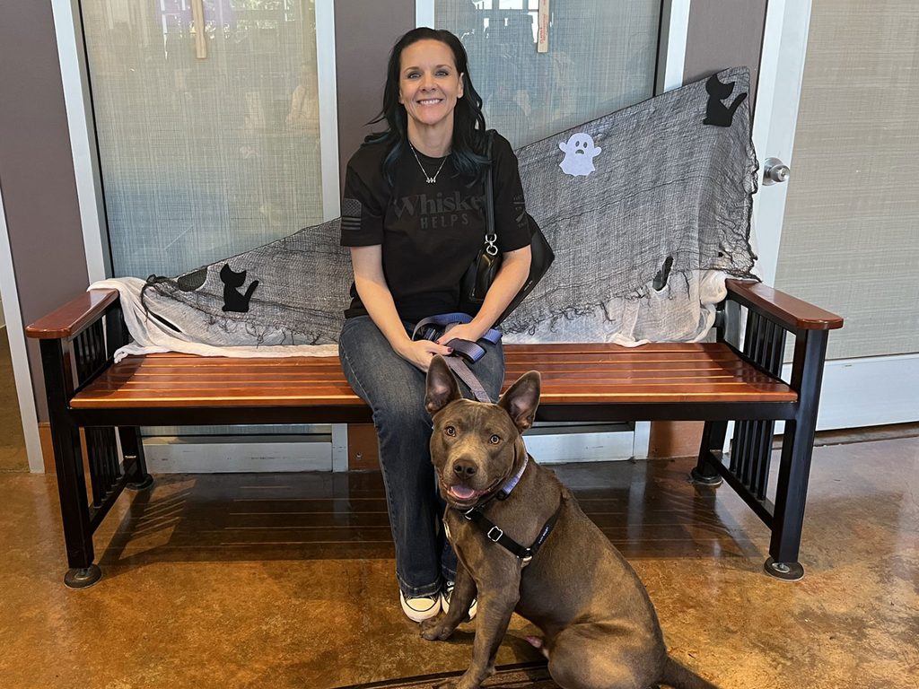 A woman sits on a wooden bench with a brown dog in front of her, with a gray Halloween-themed blanket draped across the backrest and glass doors behind them.