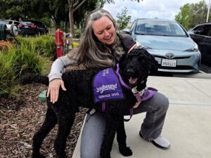 A woman crouches beside a black service dog wearing a purple Joybound vest, with parked cars and landscaping along a sidewalk behind them.