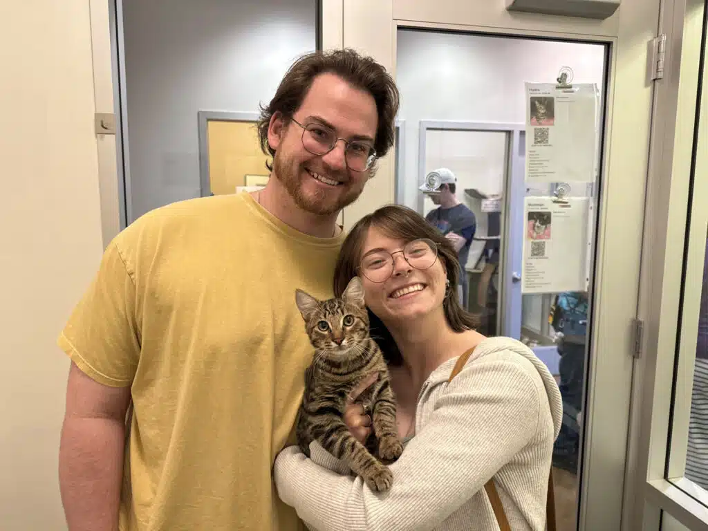 A smiling couple holds a tabby kitten in a hallway outside a pet adoption room, with glass doors and another person visible inside.