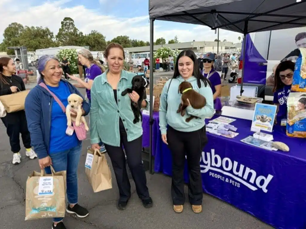 Three women stand at an outdoor FoodShare Pantry event holding small dogs, with a purple Waybound table under a canopy beside them.