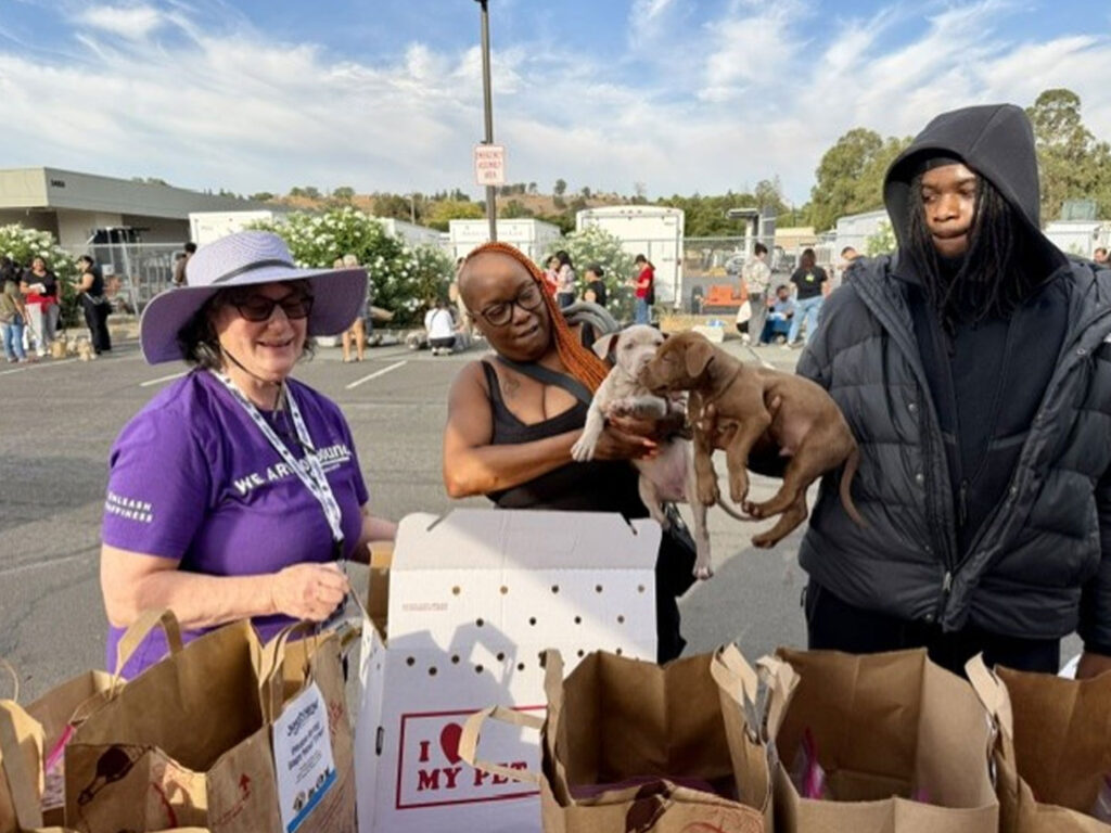 Three people stand behind paper bags of supplies at an outdoor FoodShare Pantry event, with one woman holding two puppies and a parking lot in the background.