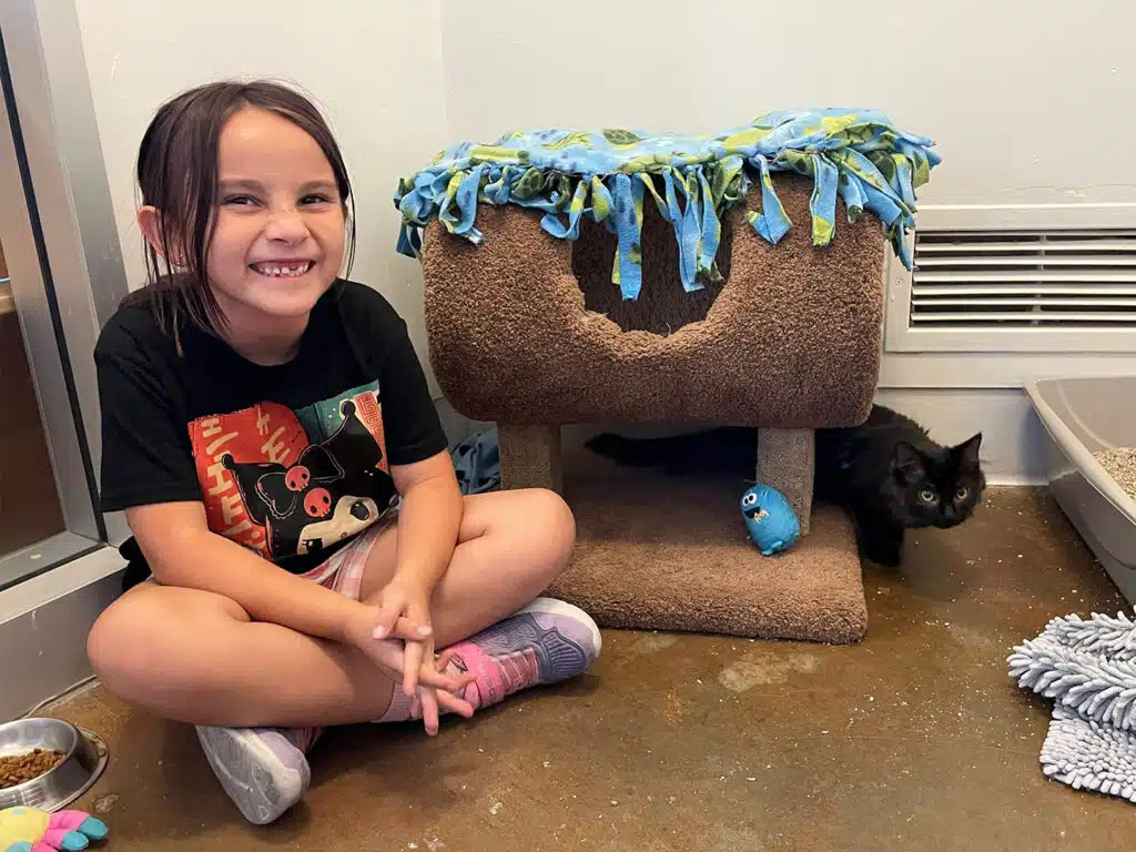 A young girl sits cross-legged beside a black kitten near a carpeted cat shelter with a blue-and-green blanket on top.