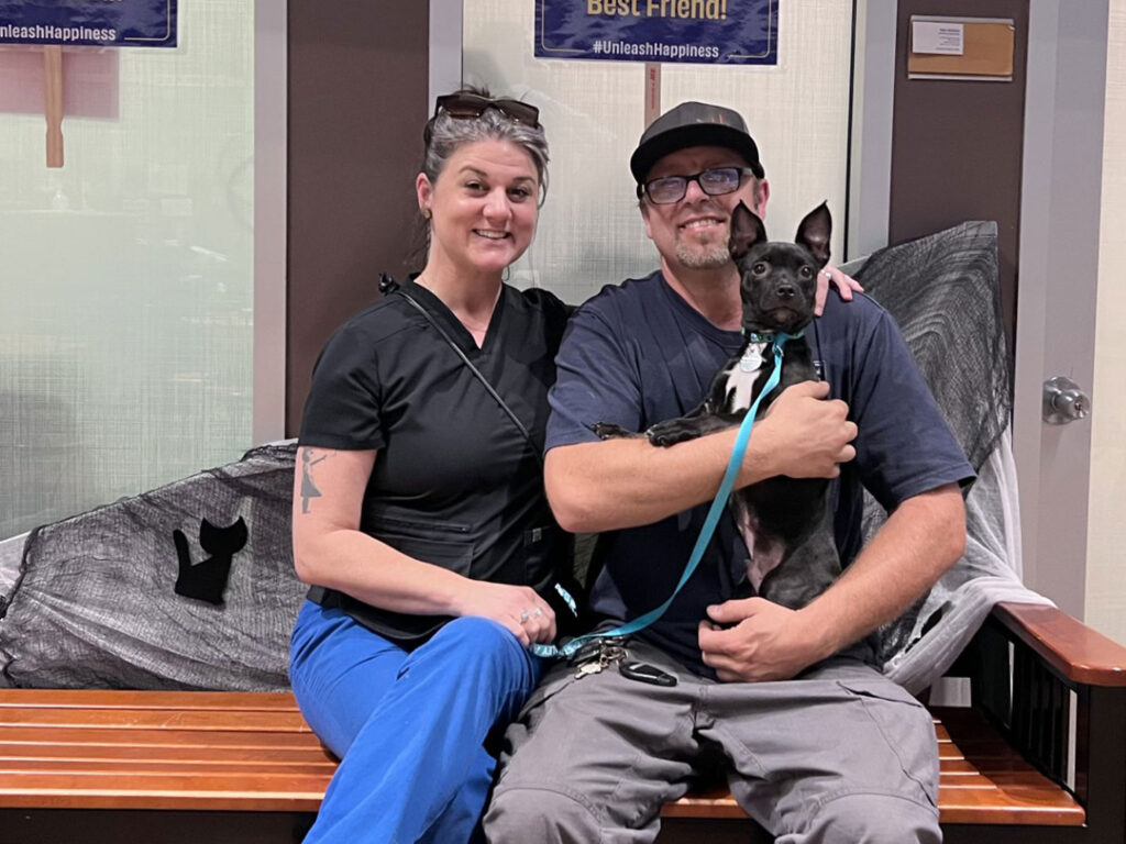 A man and woman sit on a bench holding a small black dog on a blue leash, with pet adoption signs on the wall behind them.