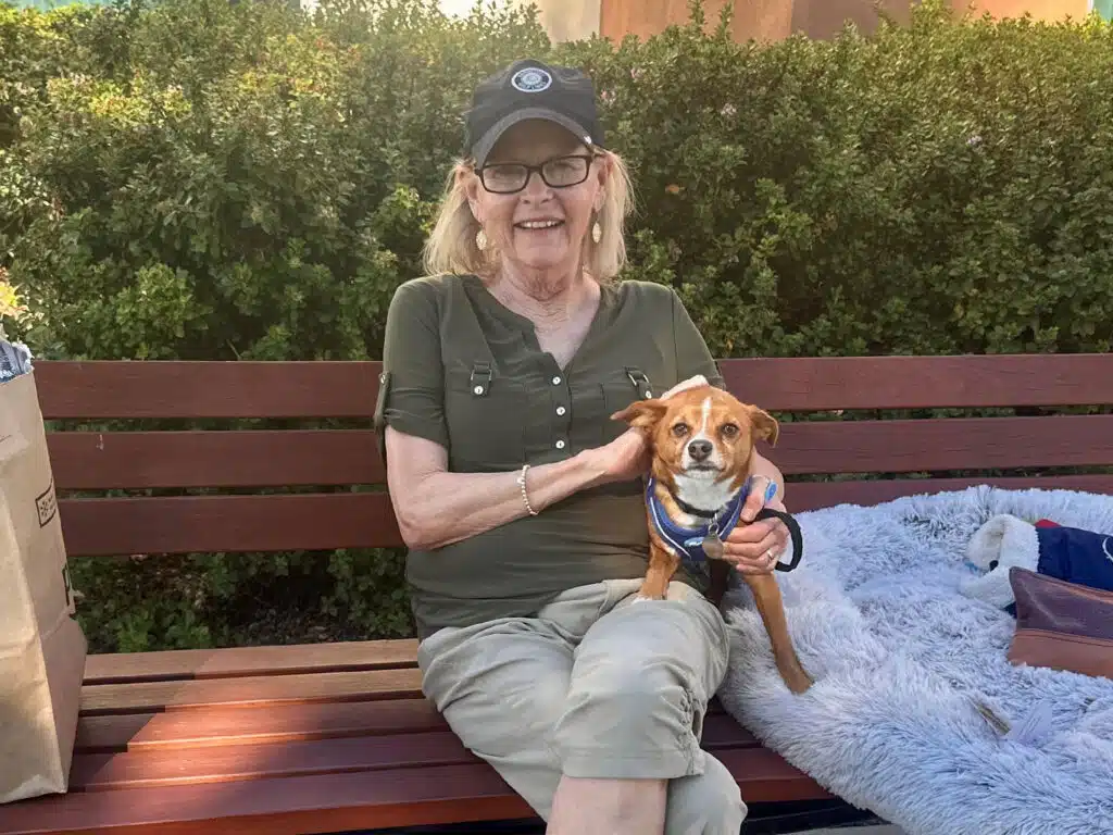 A woman wearing a black cap and green shirt sits on a wooden bench holding a small brown-and-white dog in a blue harness, with hedges and a white blanket nearby.