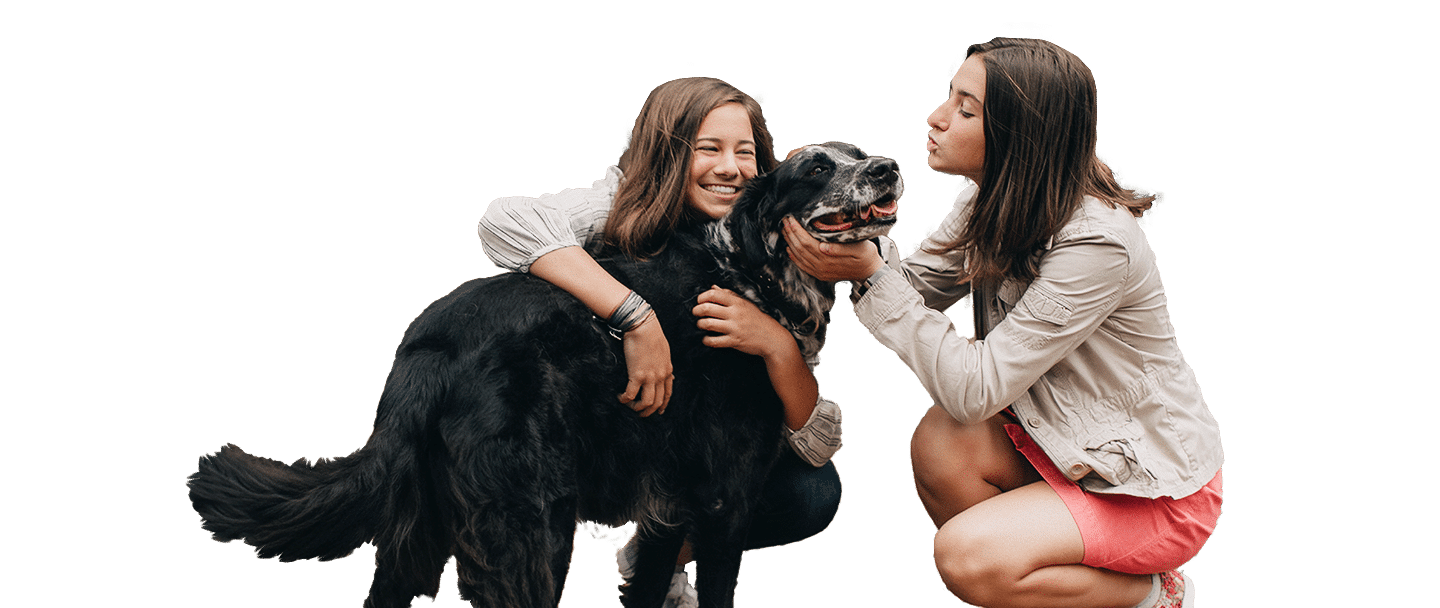 Two women crouch beside a large black dog, with one labeled Joybound in the image, against a plain white background.