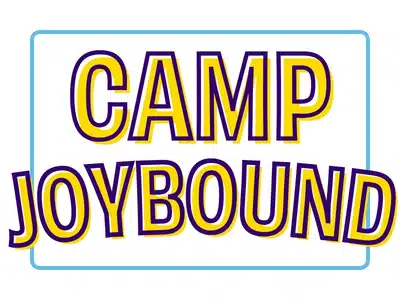 The Camp Joybound logo in bold yellow and blue lettering inside a rounded blue border on a white background.