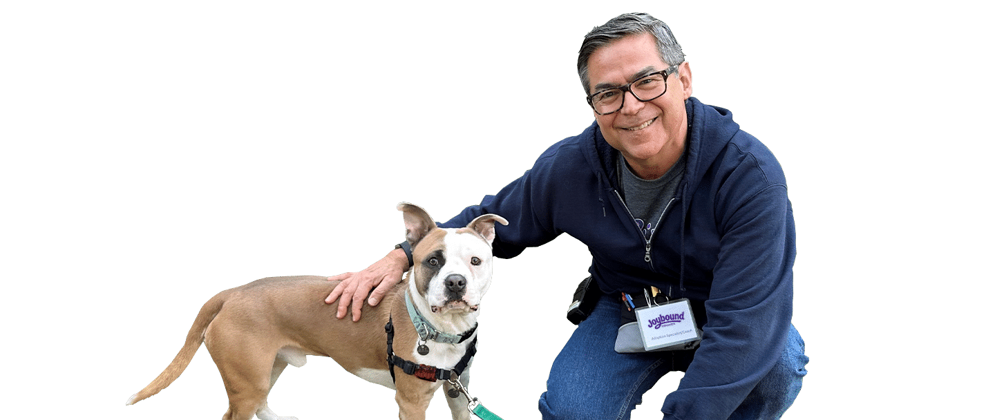 A smiling man kneels beside a tan-and-white dog on a white background, with a Joybound name badge on his clothing.