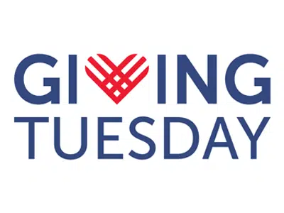 Giving Tuesday logo with blue text and a red heart-shaped mark on a white background.