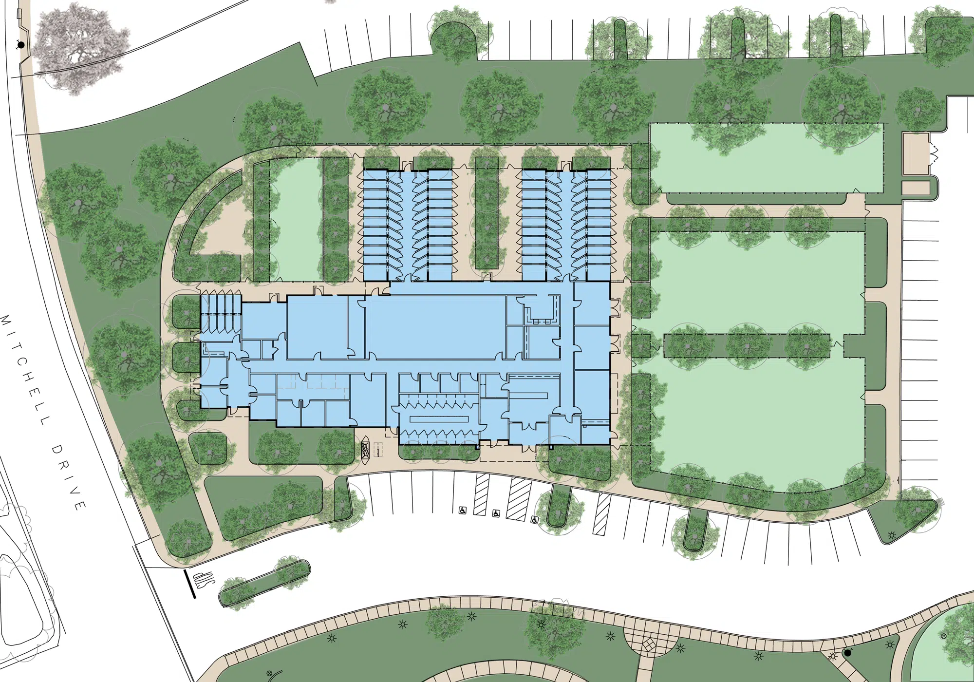 A site plan of The Liberty Center Layout 1 shows a central blue building footprint surrounded by trees, lawns, parking spaces, and curved driveways.