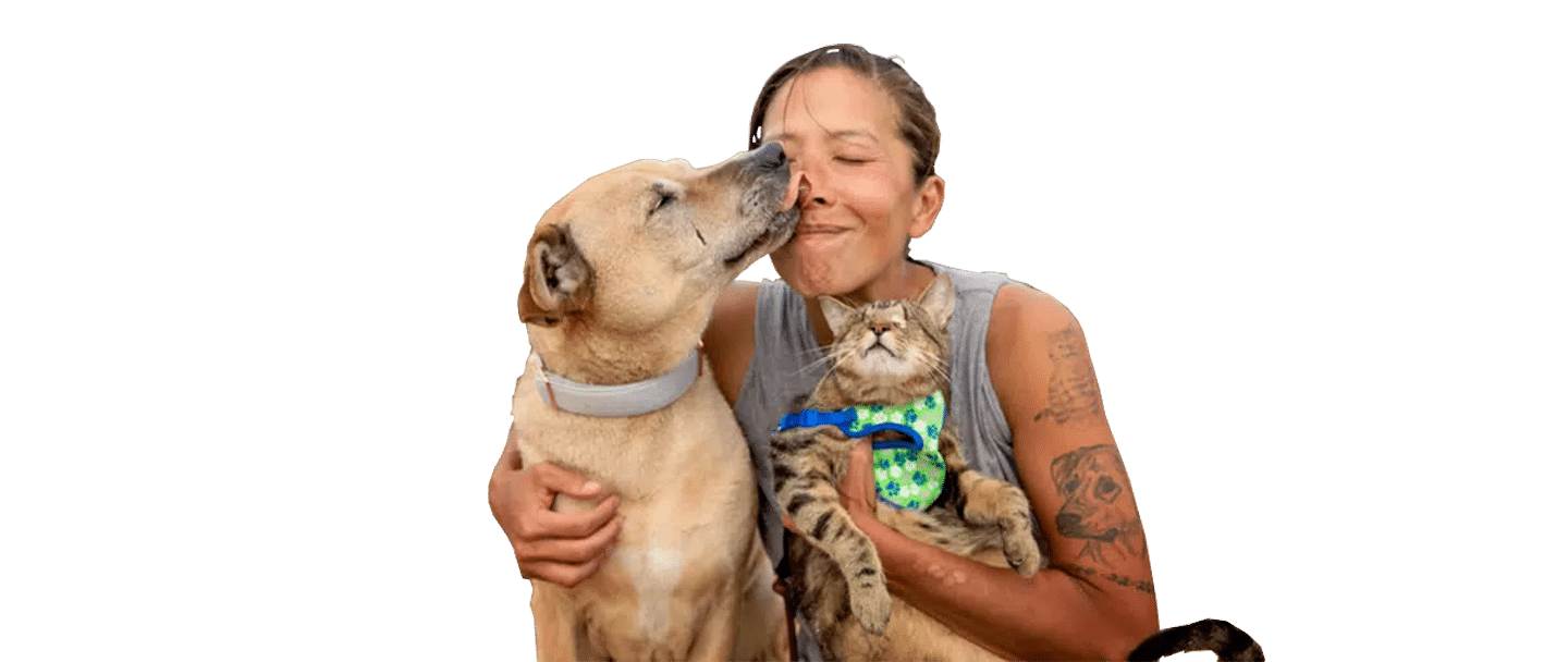 A woman with tattoos holds a large dog and a tabby cat in a Joybound setting against a white background.