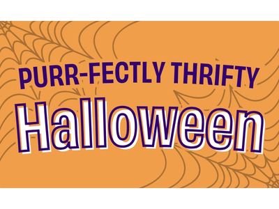 Orange Halloween graphic with spiderweb line art and the text “Purr-Fectly Thrifty Halloween.”
