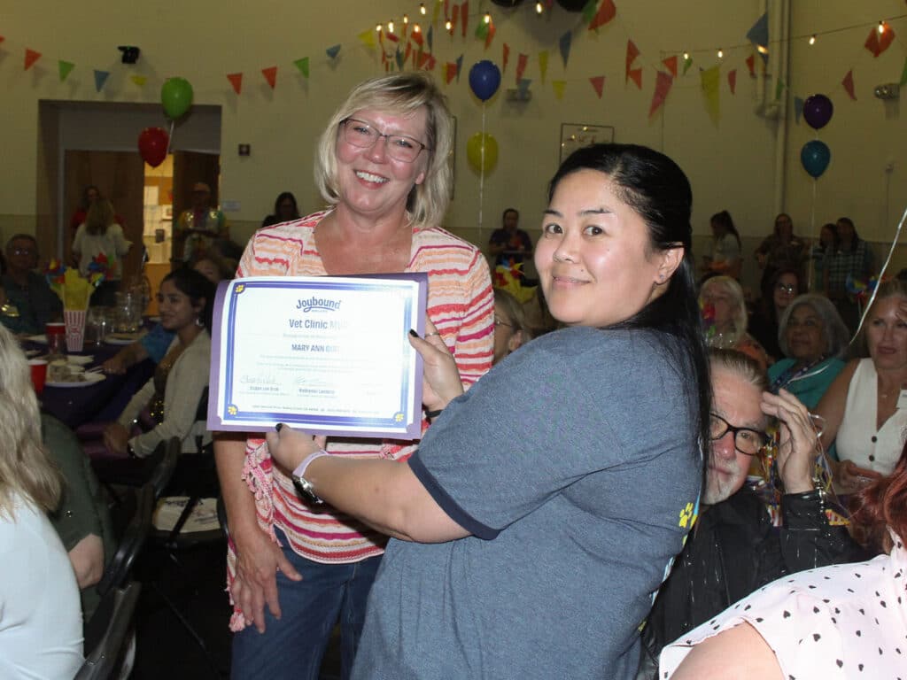 A woman presents a framed certificate to a smiling older woman at an indoor volunteer appreciation dinner decorated with balloons and pennant banners.